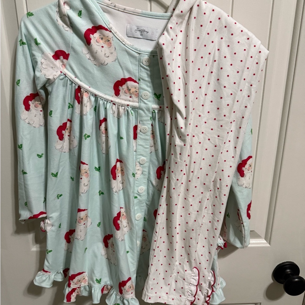 SweetHoney Santa Print Pajama Set - Mint Green and White. Siblings sets posted. - Picture 2 of 5